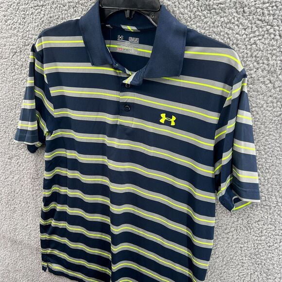Men UA Under Armour Heatgear Short Sleeve Polo Shirt M Blue/Gray/Yellow Stripe - Picture 2 of 10